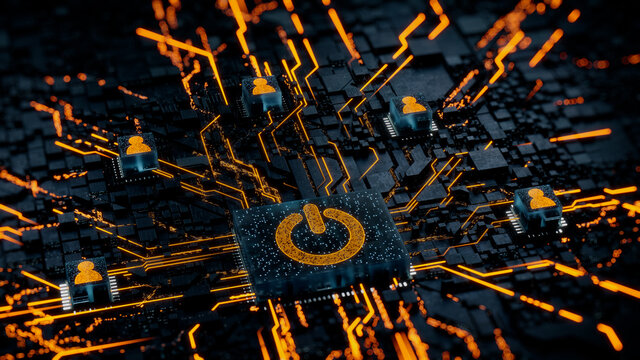 Activate Technology Concept with power symbol on a Microchip. Orange Neon Data flows between Users and the CPU across a Futuristic Motherboard. 3D render.