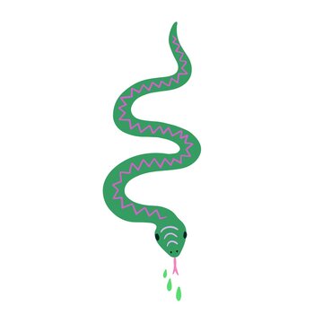 Green snake in minimalistic doodle style with drops of poison.