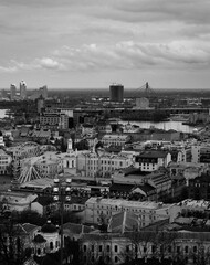 Monochrome city panorama of Kiev, taken on an overcast day.
