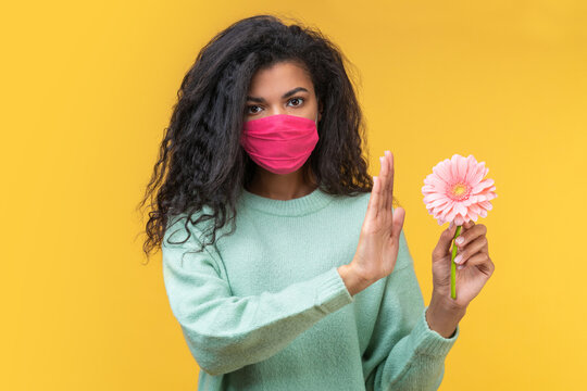 Studio portrait of african american girl in protective face mask unwilling to take herbera daisy flower because of pollen allergy