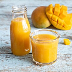Fresh mango juice in a glass glass with mango slice on a blue wooden background. Exotic drink. Trending colors of the year