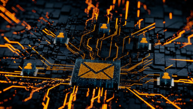 Email Technology Concept with Envelope symbol on a Microchip. Orange Neon Data flows between Users and the CPU across a Futuristic Motherboard. 3D render.