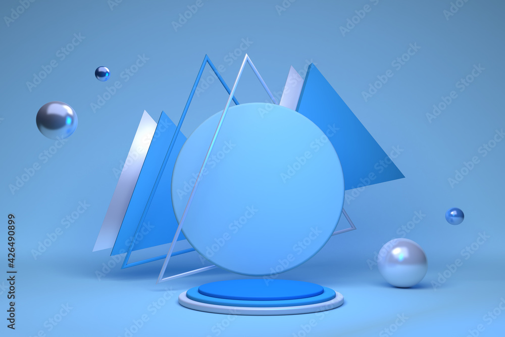 Poster 3d empty podium with geometric shapes in blue composition with triangle sphere for modern stage disp