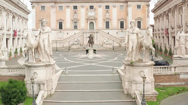 Aerial view of Campidoglio or Capitolium or Capitoline Hill, seat of the City Council of Rome and the Mayor, with the statue of Marcus Aurelius. Tourist landmarks and buildings in Rome, Italy