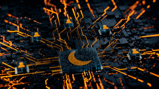 Night mode Technology Concept with moon symbol on a Microchip. Orange Neon Data flows between Users and the CPU across a Futuristic Motherboard. 3D render.