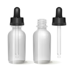 Glass bottle with dropper cap on white background, open and closed mockup, Empty cosmetic or medical product container