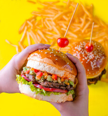 Food, burgers, salats, new and yellow