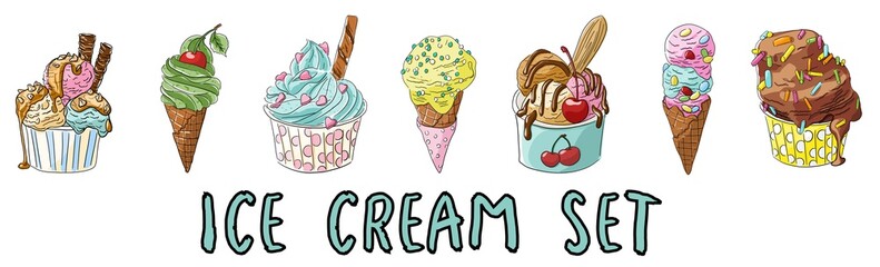 A set of delicious ice cream. Isolated vector illustrations of desserts, National Ice Cream Day, Ice cream in a waffle cone and paper cup with various decorations, banner, dessert poster,cartoon 
