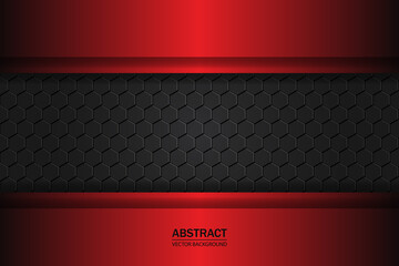 Metallic hexagonal black carbon grid. Carbon fiber black hexagon texture. Red and black plates on carbon mesh.