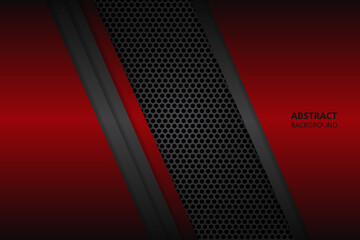 Black and red shapes on a carbon fiber hexagonal grid. Geometric diagonal shapes on a honeycomb grid.