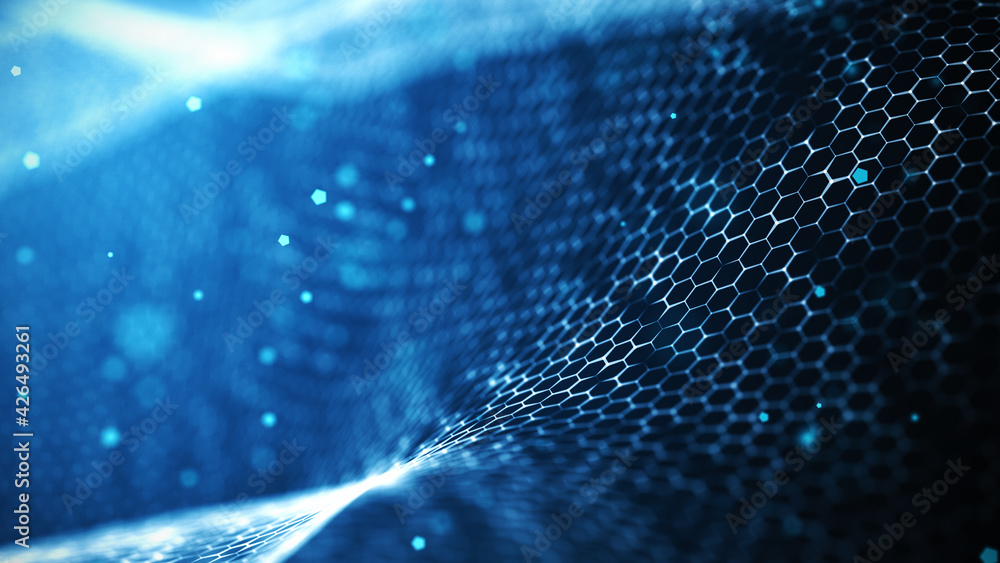 Aufkleber connected hexagons. abstract wave of white hexagons on a dark blue background. 3d rendering
