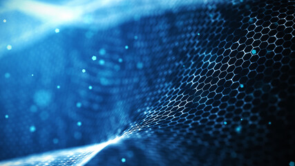 Connected hexagons. Abstract wave of white hexagons on a dark blue background. 3d rendering