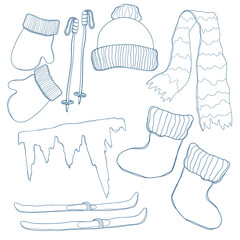 Mountain skiing icons in line art. Snow ride essentials collection.