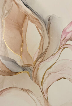 Abstract beige art with gold &mdash; pink background with brown, beautiful smudges and stains made with alcohol ink and golden pigment. Beige fluid art texture resembles petals, watercolor or aquarelle.
