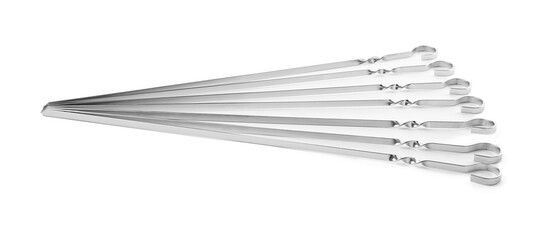 Metal skewers on white background. Barbecue utensil