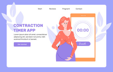 Fototapeta na wymiar Landing page for the contraction counter mobile app. Breathe inscription on smartphone screen. Cute pregnant woman. Vector flat illustration.