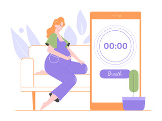 Pregnant pretty girl counts the time between contractions. Contraction counter mobile application. Coming birth, labor. Future mother. Vector flat illustration.