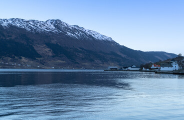 Sorfjorden, (Sørfjorden) 38 kilometer long side fjord to the Hardangerfjord in Hardanger in coutry Vestland, Norway. Photo in the vicinity of the village of Ullensvang