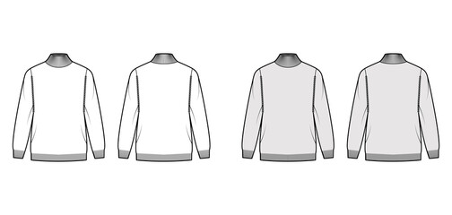 Turtleneck Sweater technical fashion illustration with long sleeves, oversized, fingertip length, knit rib trim. Flat jumper apparel front, back, white grey color style. Women, men unisex CAD mockup