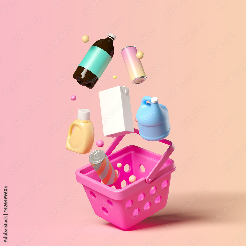 Poster minimal background for online shopping and digital marketing concept. basket and grocery on pink bac