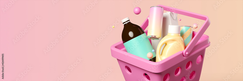Poster minimal background for online shopping and digital marketing concept. basket and grocery on pink bac