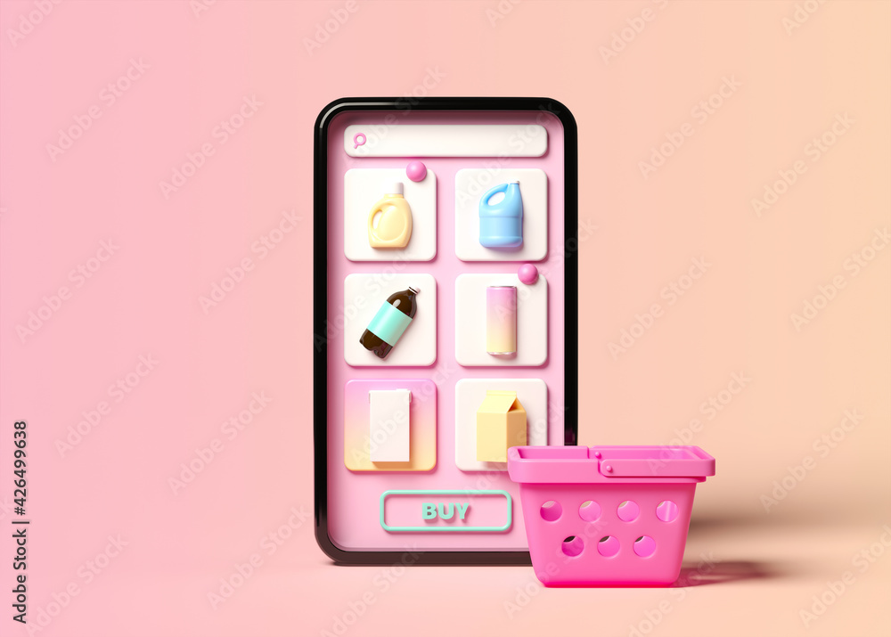 Poster minimal background for online shopping and digital marketing concept. mobile phone with grocery icon