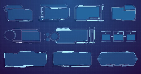 HUD, UI, GUI futuristic user interface screen elements set. High tech screen for video game. Sci-fi concept design. Callouts titles. Modern banners, frames of lower third. Vector illustration
