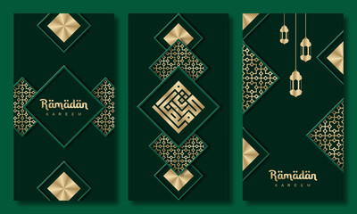 Fototapeta na wymiar Ramadan Kareem greeting cards set. Ramadan holiday invitations templates collection with gold lettering and arabic pattern. Vector illustration