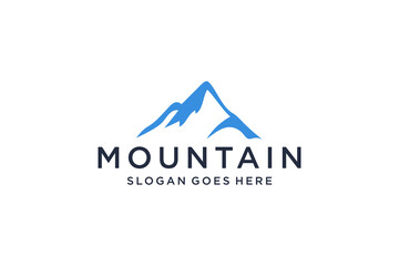 Abstract Mountain Logo. White Shape Linear Style isolated on Blue Color. Flat Vector Logo Design Template Element.