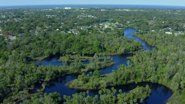 Pan of River Flowing Through Dense Trees Near Small Town on the Gulf of Mexico