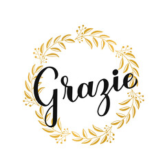 Thank you calligraphy hand lettering in Italian language. Gold floral wreath, frame. Vector template for wedding thank you card, tag, banner, poster, label, sticker, etc
