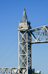 A tower of the Cape Cod Canal Railroad Bridge, a vertical lift bridge in Bourne, Massachusetts near Buzzards Bay.	
