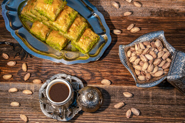 Traditional Turkish Ramadan dessert - baklava with pistachios (Turkish: fistikli baklava). Eid mubarak.  Ramazan bayrami. Ramadan kareem.