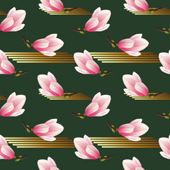 Powtarzalny wzór złożony z pąków magnolii. Ręcznie rysowane kwiaty w kolorze bladego różu z gałązką na ciemnym zielonym tle ze złotym dekorem. - obrazy, fototapety, plakaty