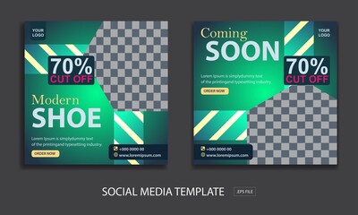 Set of Editable minimal square banner template. with color green for coming soon shoe