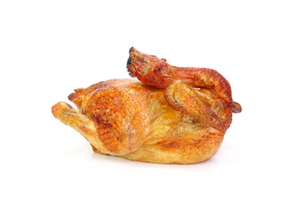 Roasted chicken isolated on white background. Traditional Cantonese roasted whole chicken for Chinese new year, tomb sweeping day, and all Chinese holidays