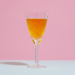 Crystal glass of orange tangerine juice on minimal trendy pink and blue background. Fresh natural tangerine drink. Summer citrus refreshing beverage.