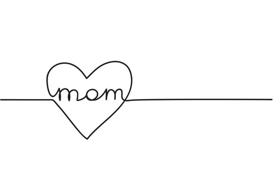 Mother`s Day continuous one line drawing on white. Festive card line art style with heart and word mom. 