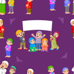 The pattern of the children are standing and holding the blank banner