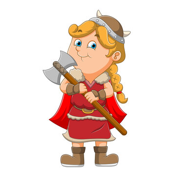 The soldier of the viking girl is holding the axe and wearing viking's suit