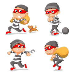 The illustration of thief is stealing the stuff and a dog chase him