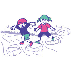 川の飛び石を飛び跳ねながら渡って遊ぶ2人の子供のイラスト