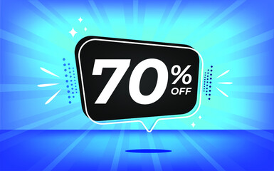 70% off. Blue banner with seventy percent discount on a black balloon for mega big sales.