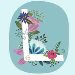 Vector hand drawn Floral monogram with vintage amazing flowers! Letters "L" Perfect for backgrounds of flyers, posters, invitations, cards, webs graphics, blogs, banners, and more.