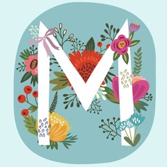 Vector hand drawn Floral monogram with vintage amazing flowers! Letters "M" Perfect for backgrounds of flyers, posters, invitations, cards, webs graphics, blogs, banners, and more.