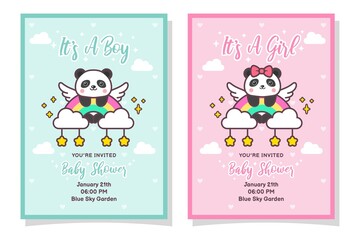 Cute Baby Shower Boy And Girl Invitation Card With Panda, Cloud, Rainbow, And Stars