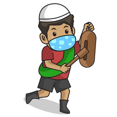 Muslim children boys hitting drum from wood traditional muslim drum from asia ,awaken suhoorramadan month , using mask and healthy protocol.Character illustration.