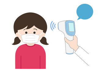 The girl wearing a mask is checked her temperature using a non-contact thermometer for coronavirus. Vector illustration isolated on white background.