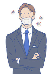 腕組みをするスーツの男性 マスク シンプル