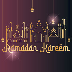 Golden arab mosque with other buildings. Ramadan Kareem poster - Vector illustration